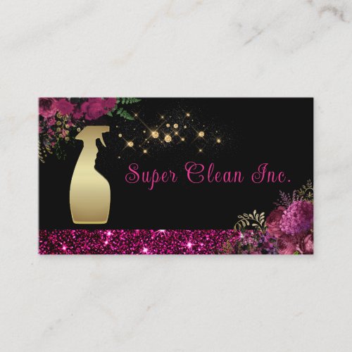 Cleaning Service Spray Bottle Floral Glitter Business Card