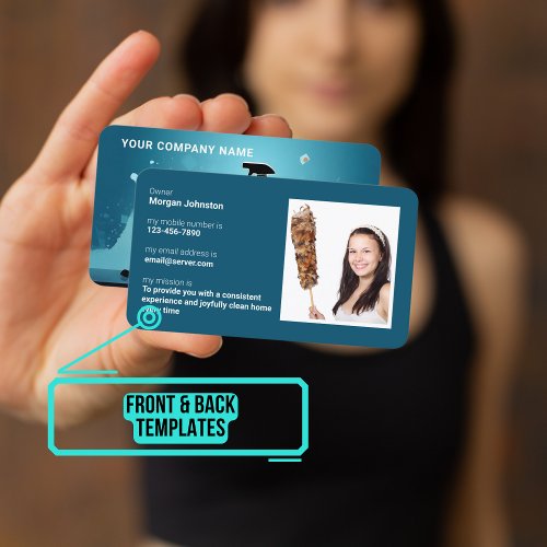 Cleaning Service Teal Silhouette with Photo  Business Card