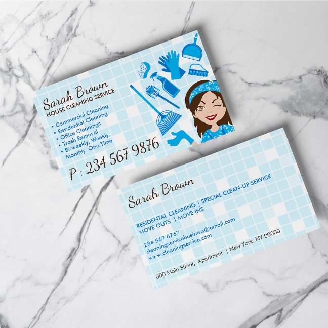 Cleaning Service Tile Wash Janitorial Blue Women Business Card