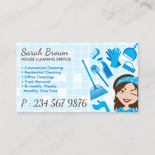 Cleaning Service Tile Wash Janitorial Blue Women Business Card