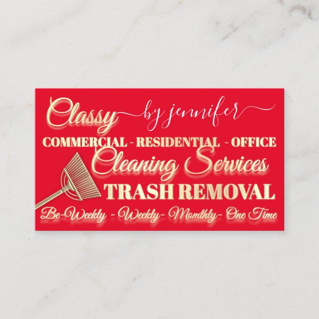 Cleaning Service Trash Removal Maid Red Logo QR   Business Card (Front)