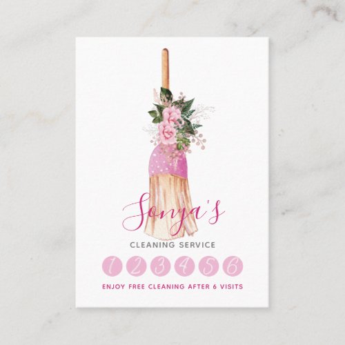 Cleaning Service Watercolor Pink Broom Loyalty Card
