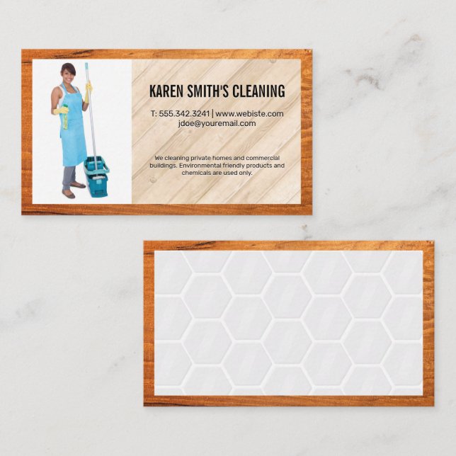 Cleaning Service | Woman Holding Mop Business Card (Front/Back)