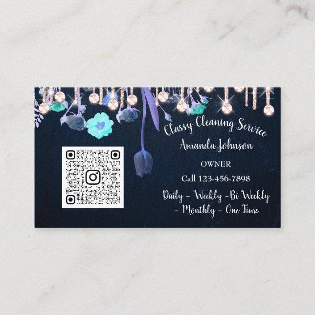 Cleaning Services Blue Maid Drip QR Floral Business Card (Front)