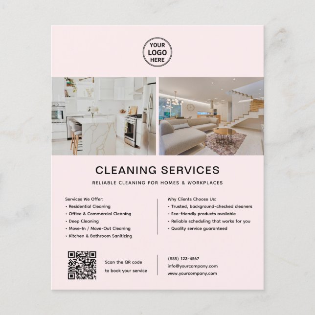 Cleaning Services Custom Logo QR Code Pink Flyer (Front)