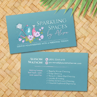 Cleaning Services - Elegant Floral Teal and Pink Business Card