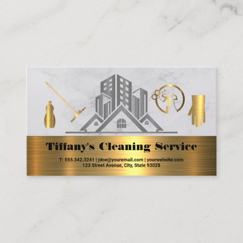 Cleaning Services  Gold Metallic Icons Business Card