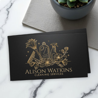 Cleaning Services - Golden Floral Line Art Business Card