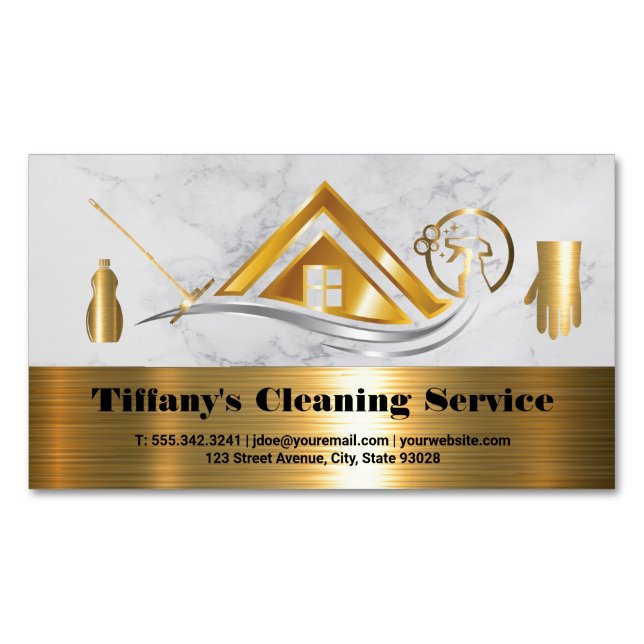 Cleaning Services | Home Gold Metallic Icons Business Card Magnet (Front)