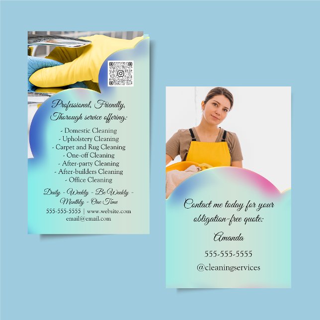 Cleaning Services House Keeping QRCode Photo Blue Business Card (Creator Uploaded)