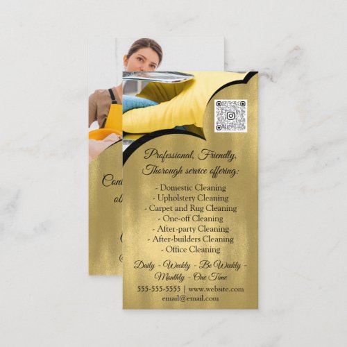 Cleaning Services House Keeping QRCode Photo Gold Business Card
