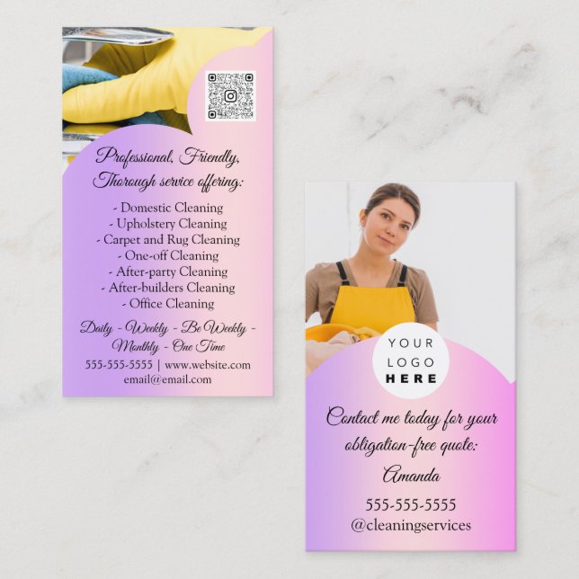 Cleaning Services House Keeping QRCode Photo Pink Business Card (Front/Back)