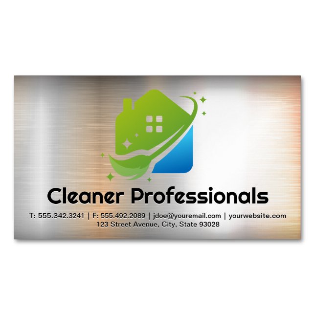 Cleaning Services House Logo | Metal Background Business Card Magnet (Front)