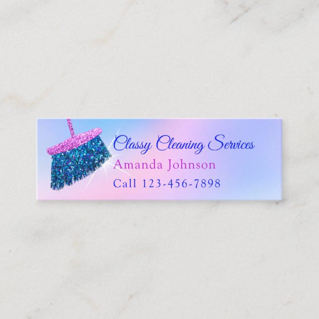 Cleaning Services Housekeeper Pink Blue Glitter1 Mini Business Card (Front)