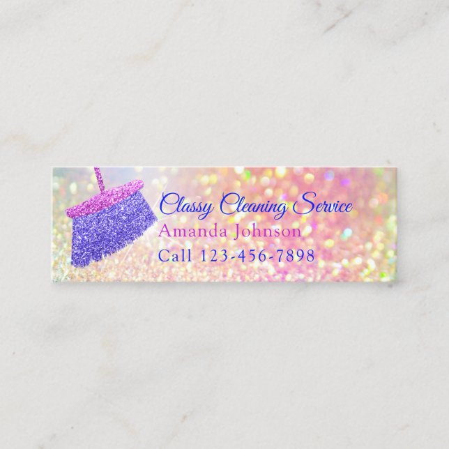 Cleaning Services Housekeeper Pink Rose Glitter Mini Business Card (Front)