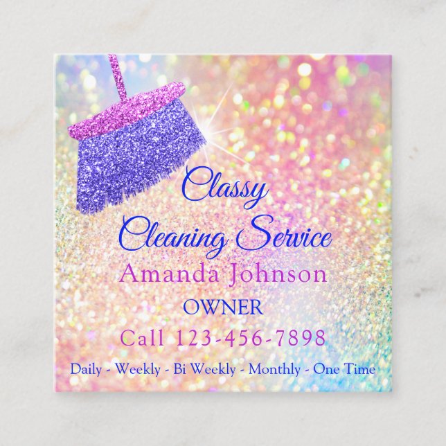 Cleaning Services Housekeeper Pink Rose Glitter Square Business Card (Front)