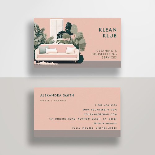 Cleaning Services Housekeeping Retro Pink Classy Business Card