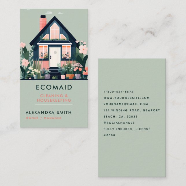 Cleaning Services Housekeeping Scandi House Floral Business Card (Front/Back)