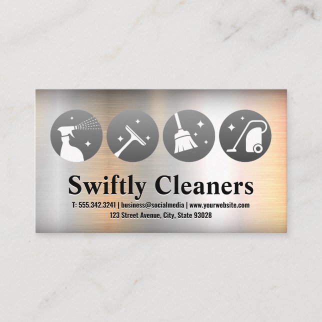 Cleaning Services Icons | Home | Metal Background Business Card (Front)