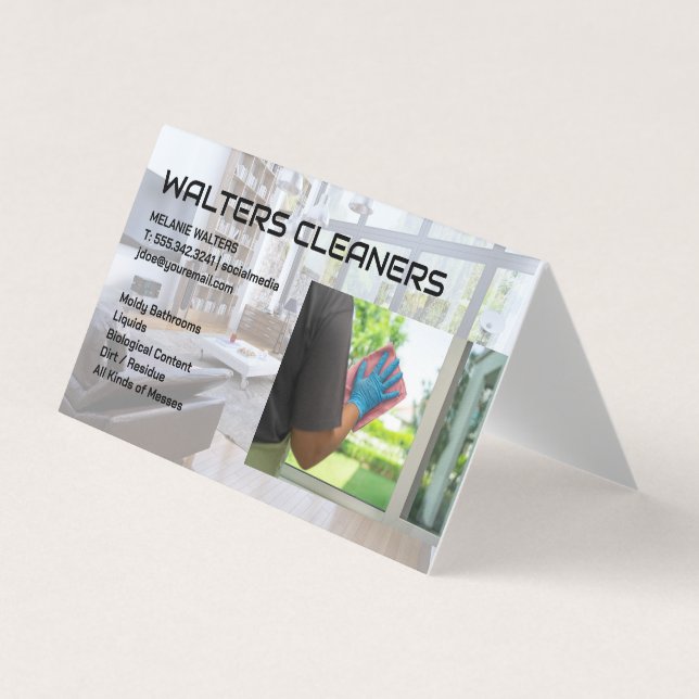 Cleaning Services Logo | Maid Washing Window Business Card (Front)