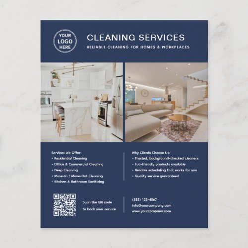 Cleaning Services Logo Photo QR Code Navy Blue Flyer