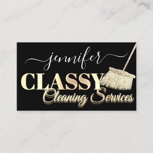 Cleaning Services Maid Black White Gold Business Card