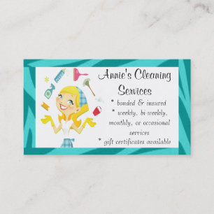 Cleaning services maid business card blue
