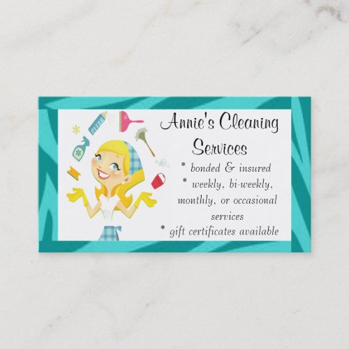 Cleaning services maid business card blue