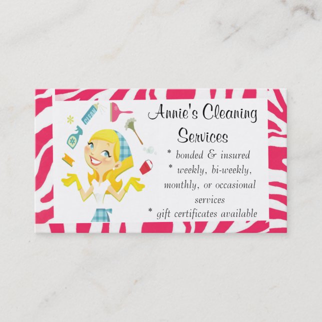 Cleaning services maid business card pink (Front)