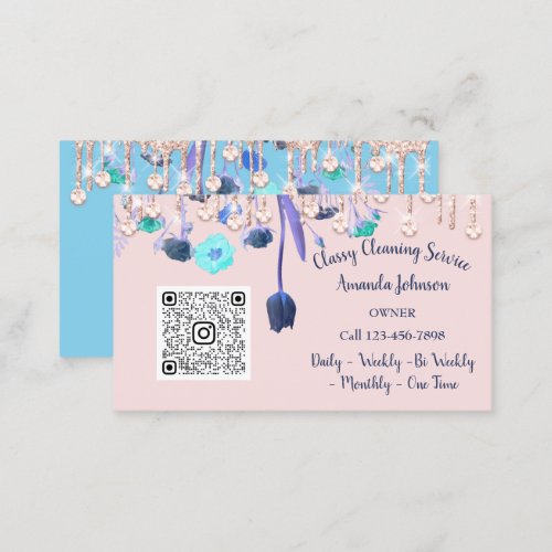 Cleaning Services Maid Drips QR Floral Blue Business Card