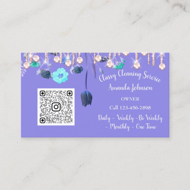 Cleaning Services Maid Drips QR Floral Purple Business Card (Front)