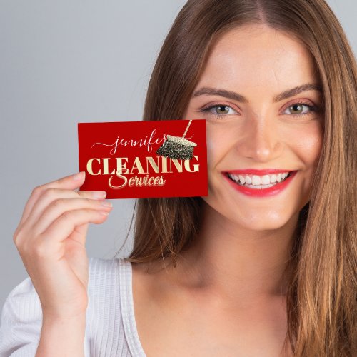 Cleaning Services Maid Gold Red Washing Business Card