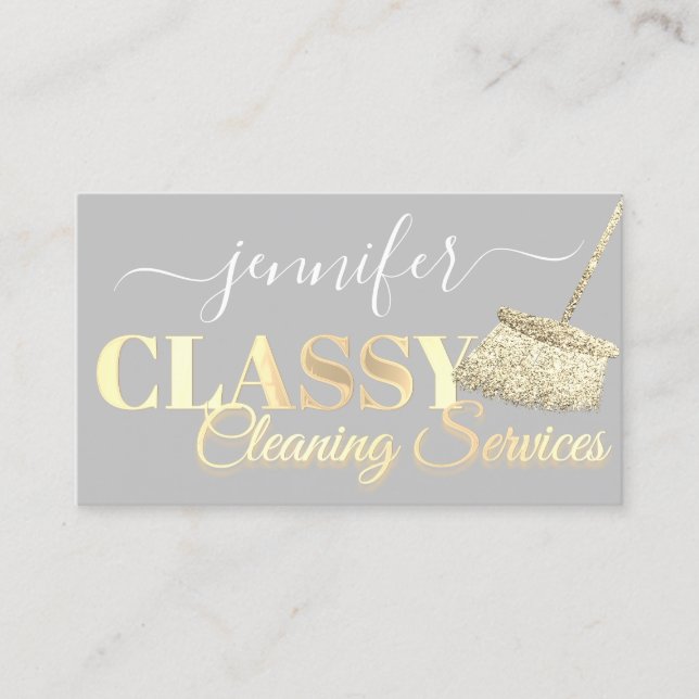 Cleaning Services Maid Gray White Gold  Business Card (Front)