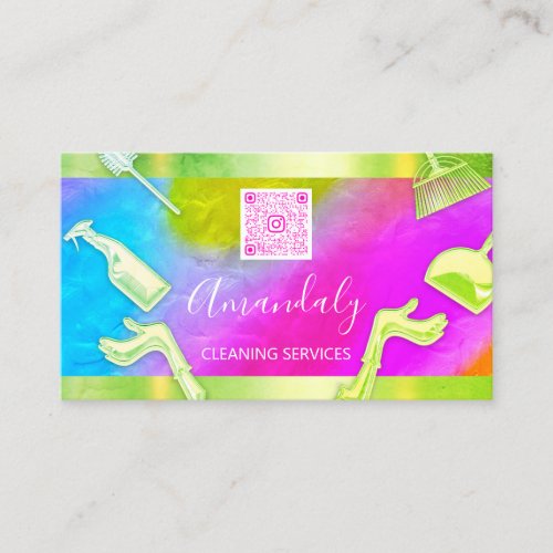 Cleaning Services Maid Home Office QR  Pink Green Business Card