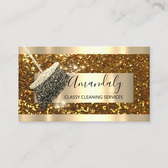Cleaning Services Maid House Keeping Gold Glitter Business Card (Front)