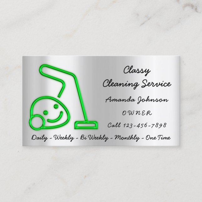 Cleaning Services Maid Vacuum Cleaner Logo Green Business Card (Front)