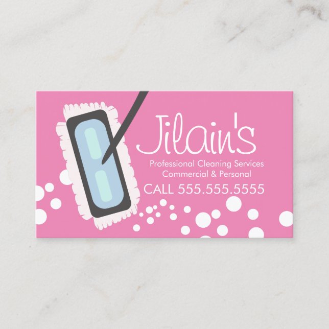 Cleaning Services Mop Bubbles Pink  Business Card (Front)