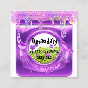 Cleaning Services QRCode Laundy Drips Purple Soap Square Business Card