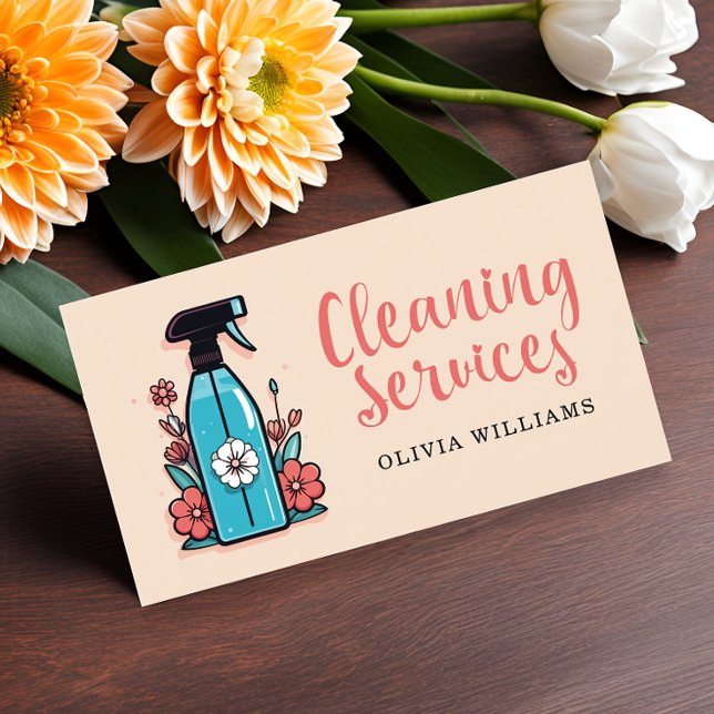 Cleaning Services Spray Bottle Floral Business Card (Creator Uploaded)