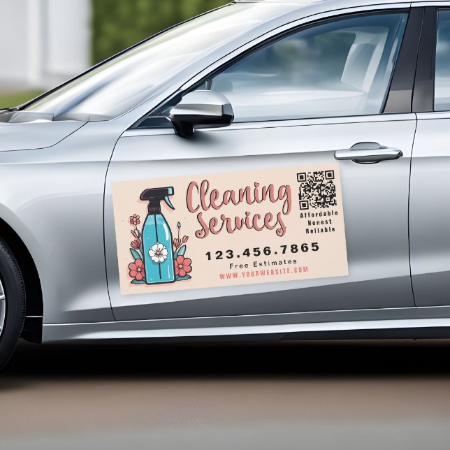 Cleaning Services Spray Bottle Floral QR Code Car Magnet (Creator Uploaded)