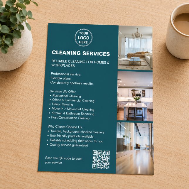 Cleaning Services Teal Photo Logo QR Flyer (Cleaning Services Teal Photo Logo QR Flyer)