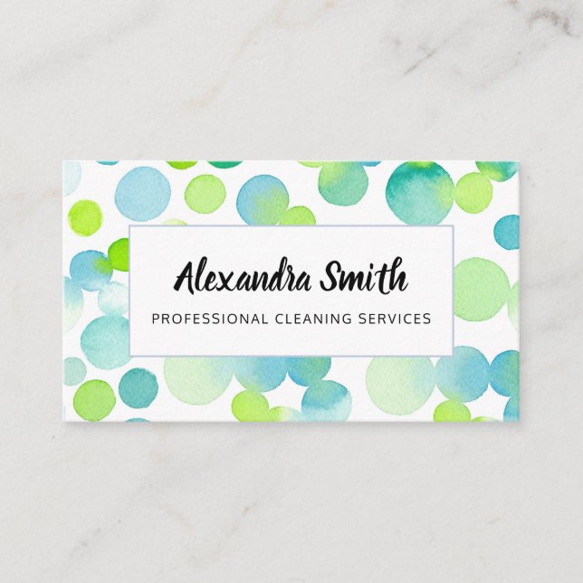 Cleaning Services Watercolor Bubbles Business Card (Front)