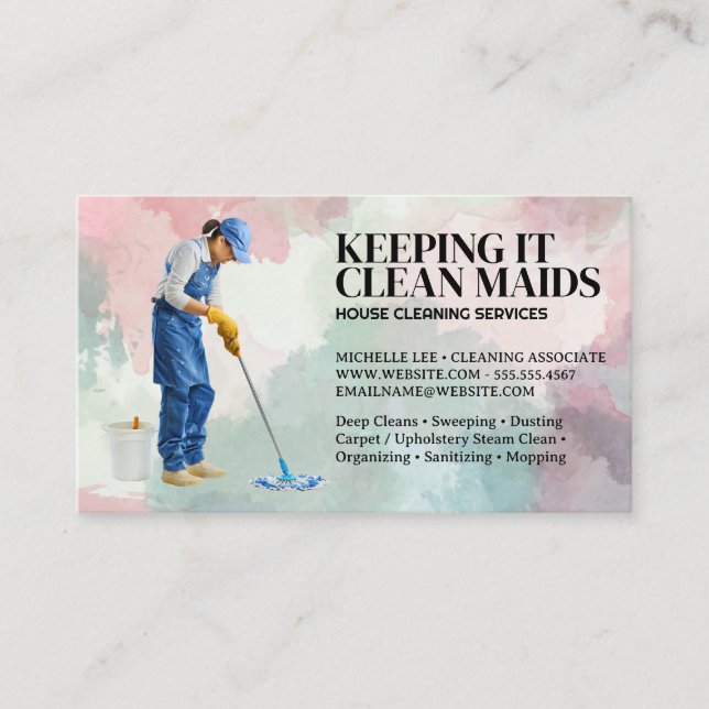 Cleaning Services | Woman Mopping Floor Business Card (Front)