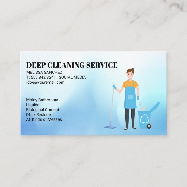 Cleaning Services | Woman Mopping Taking Trash Business Card (Front)