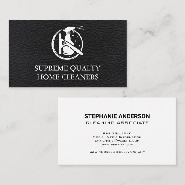 Cleaning Spray and Squeegee | Black Leather Business Card (Front/Back)