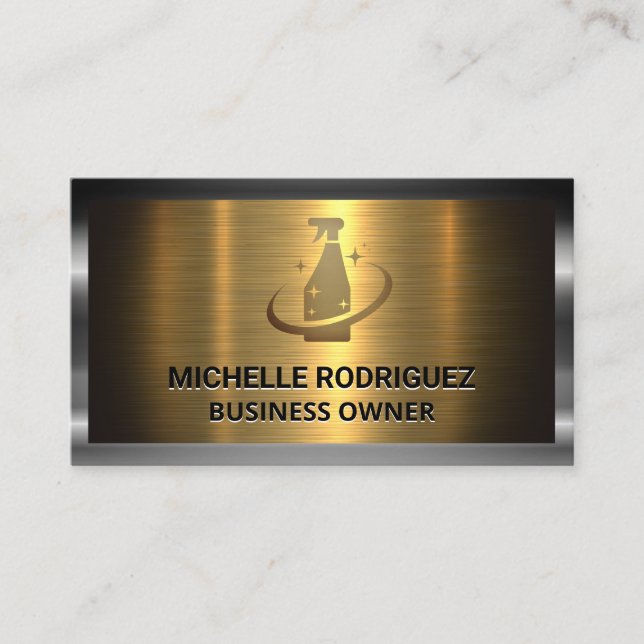Cleaning Spray Logo | Gold Silver Metal  Business Card (Front)