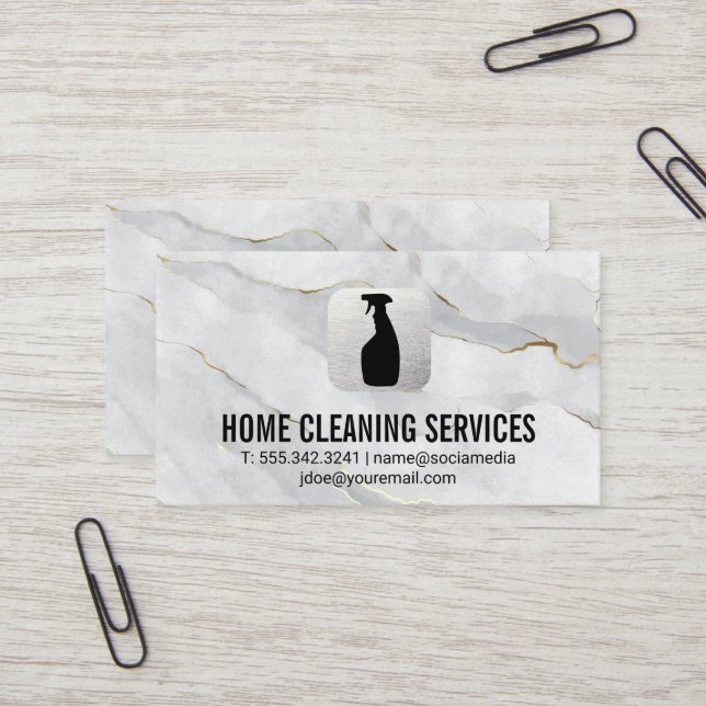 Cleaning Spray Logo | White Gold Marble  Business Card (Front/Back In Situ)