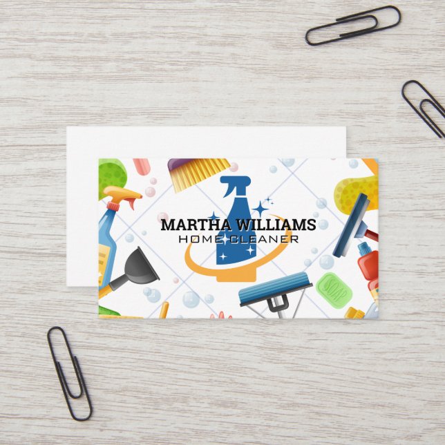 Cleaning Spray | Tile Soap Bubbles and Tools Business Card (Front/Back In Situ)