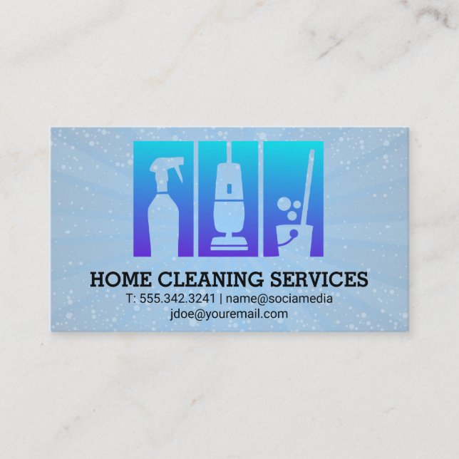 Cleaning Supplies Blue Bubbles Business Card (Front)