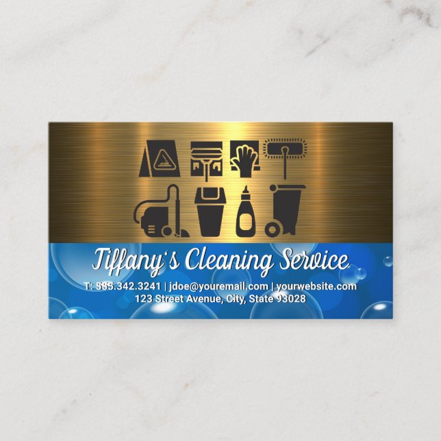 Cleaning Supplies Icons | Soap Bubbles Business Card (Front)